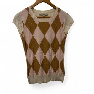 Y2K Tommy Hilfiger Beige Argyle Thin Knit Top Womens S Preppy Academia Twee